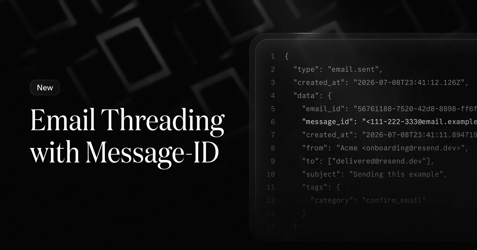 JSON code snippet displaying email event data with type, timestamps, sender, recipient, and message identifiers.