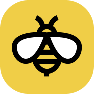 Un icono estilizado de una abeja negra sobre un fondo amarillo.
